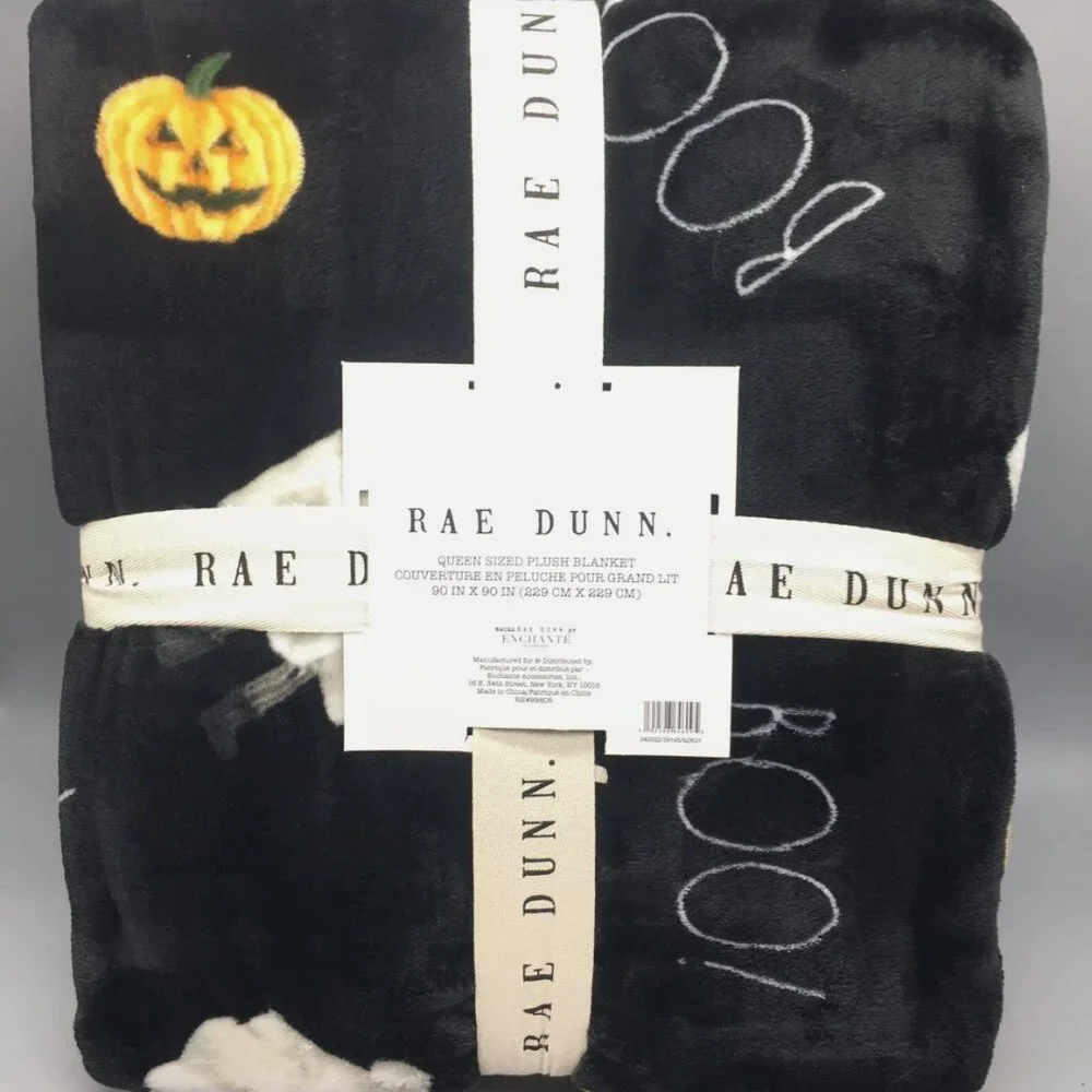 Rae Dunn BOO Halloween Black QUEEN Throw Blanket Ghost Pumpkin Jack-O-Lantern